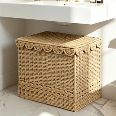 Lidded Scalloped Edge Rectangular Woven Laundry Hamper, Large Capacity Bathroom Under Sink Storage Basket for Dirty Clothes Sundry Organizer,www.kongzeglobal.com,Lidded Scalloped Edge Rectangular Woven Laundry Hamper, Large Capacity Bathroom Under Sink Storage Basket for Dirty Clothes Sundry Organizer-www.kongzeglobal.com