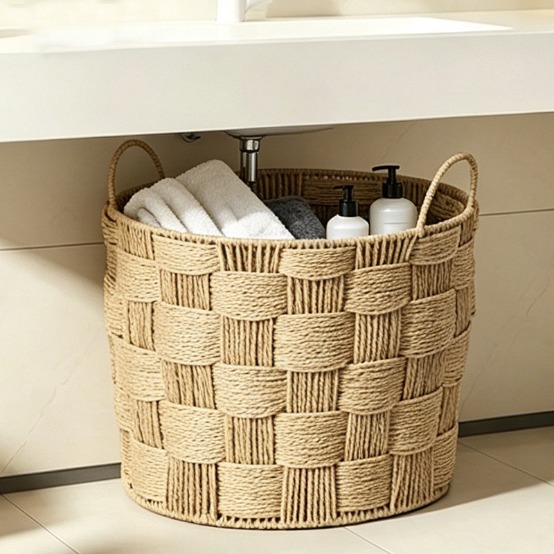 Thick Grid Natural Paper Rope Round Laundry Basket, Handwoven Large Capacity Storage Hamper with Dual Carry Handles for Clothes Toys Home Organizer,www.kongzeglobal.com,Thick Grid Natural Paper Rope Round Laundry Basket, Handwoven Large Capacity Storage Hamper with Dual Carry Handles for Clothes Toys Home Organizer-www.kongzeglobal.com