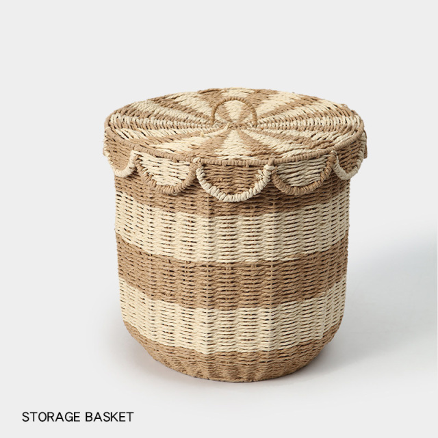 Two-tone Paper Rope Lidded Storage Basket, Scalloped Edge Round Dustproof Woven Hamper for Bedroom Clothes Sundry Organizer,www.kongzeglobal.com,Two-tone Paper Rope Lidded Storage Basket, Scalloped Edge Round Dustproof Woven Hamper for Bedroom Clothes Sundry Organizer-www.kongzeglobal.com