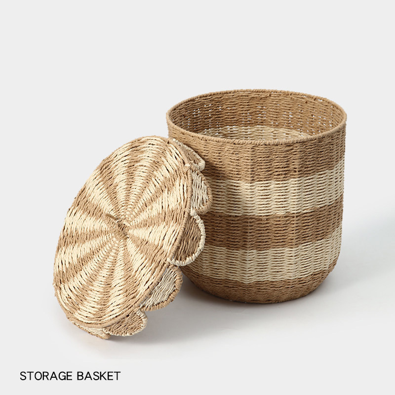 Two-tone Paper Rope Lidded Storage Basket, Scalloped Edge Round Dustproof Woven Hamper for Bedroom Clothes Sundry Organizer,www.kongzeglobal.com,Two-tone Paper Rope Lidded Storage Basket, Scalloped Edge Round Dustproof Woven Hamper for Bedroom Clothes Sundry Organizer-www.kongzeglobal.com