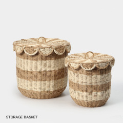 Two-tone Paper Rope Lidded Storage Basket, Scalloped Edge Round Dustproof Woven Hamper for Bedroom Clothes Sundry Organizer,www.kongzeglobal.com,Two-tone Paper Rope Lidded Storage Basket, Scalloped Edge Round Dustproof Woven Hamper for Bedroom Clothes Sundry Organizer-www.kongzeglobal.com