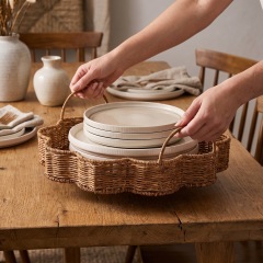 Scalloped Fan Shaped Imitation Rattan Woven Tray, Handmade Dual Handle PP Fruit Storage Basket for Kitchen Living Room Homestay Decor,www.kongzeglobal.com,Scalloped Fan Shaped Imitation Rattan Woven Tray, Handmade Dual Handle PP Fruit Storage Basket for Kitchen Living Room Homestay Decor