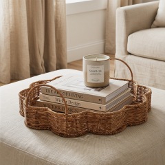 Scalloped Fan Shaped Imitation Rattan Woven Tray, Handmade Dual Handle PP Fruit Storage Basket for Kitchen Living Room Homestay Decor,www.kongzeglobal.com,Scalloped Fan Shaped Imitation Rattan Woven Tray, Handmade Dual Handle PP Fruit Storage Basket for Kitchen Living Room Homestay Decor