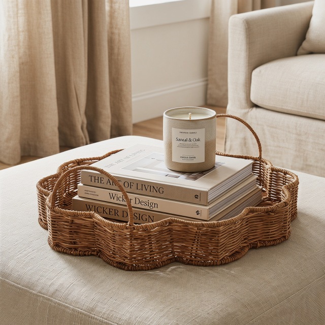 Scalloped Fan Shaped Imitation Rattan Woven Tray, Handmade Dual Handle PP Fruit Storage Basket for Kitchen Living Room Homestay Decor,www.kongzeglobal.com,Scalloped Fan Shaped Imitation Rattan Woven Tray, Handmade Dual Handle PP Fruit Storage Basket for Kitchen Living Room Homestay Decor