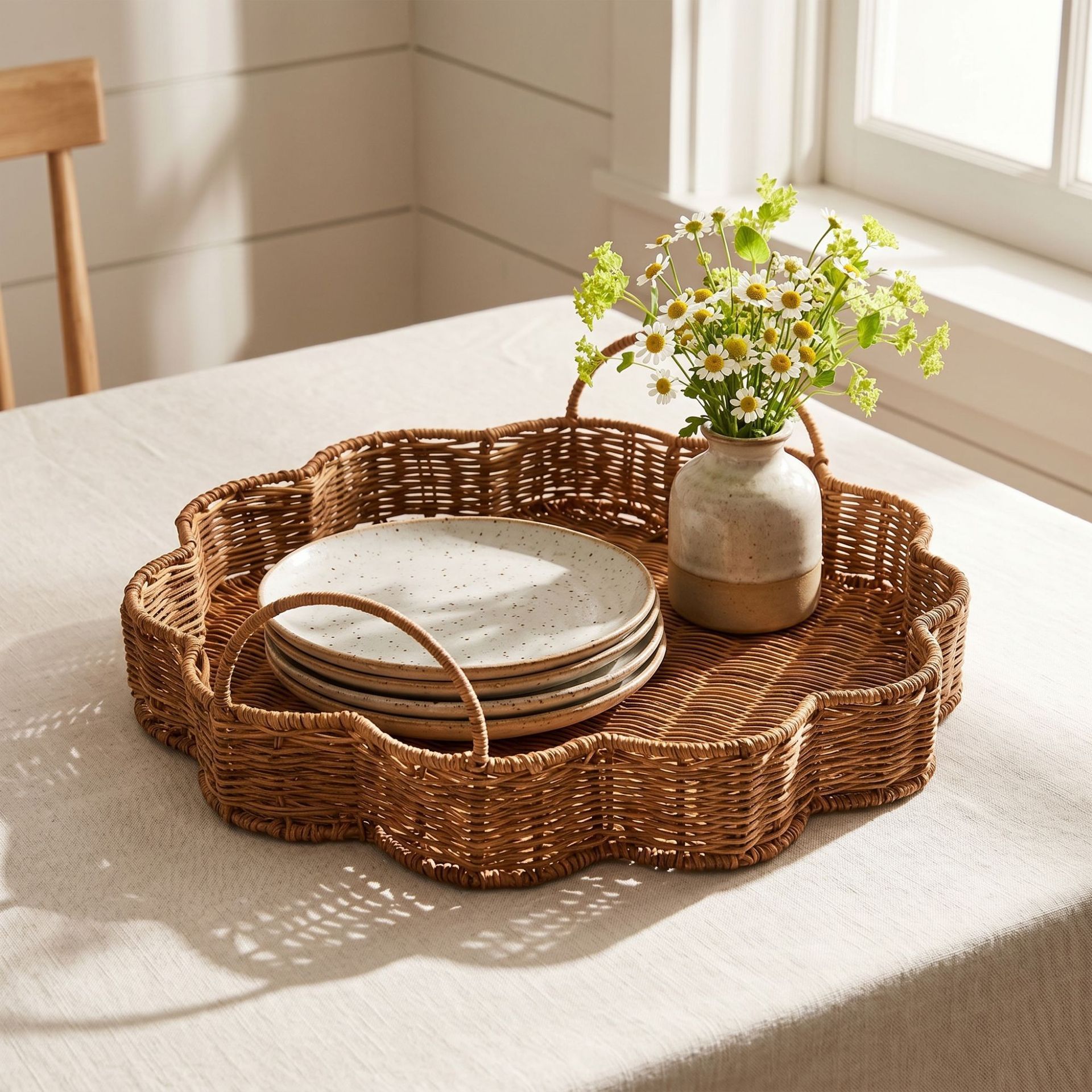 Scalloped Fan Shaped Imitation Rattan Woven Tray, Handmade Dual Handle PP Fruit Storage Basket for Kitchen Living Room Homestay Decor,www.kongzeglobal.com,Scalloped Fan Shaped Imitation Rattan Woven Tray, Handmade Dual Handle PP Fruit Storage Basket for Kitchen Living Room Homestay Decor