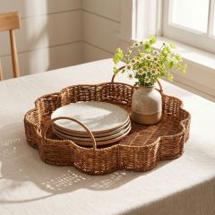 Scalloped Fan Shaped Imitation Rattan Woven Tray, Handmade Dual Handle PP Fruit Storage Basket for Kitchen Living Room Homestay Decor,www.kongzeglobal.com,Scalloped Fan Shaped Imitation Rattan Woven Tray, Handmade Dual Handle PP Fruit Storage Basket for Kitchen Living Room Homestay Decor