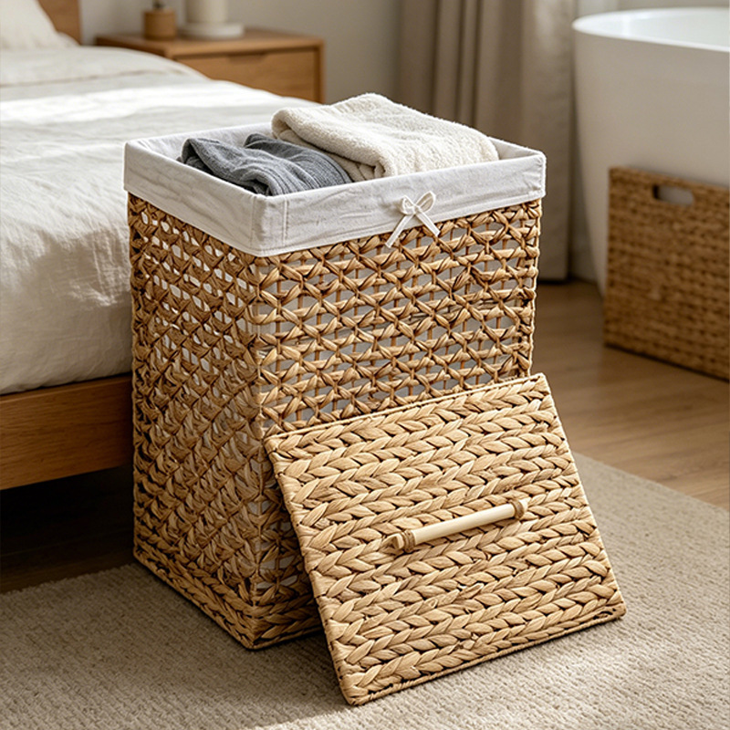 Square Lidded Natural Water Hyacinth Woven Laundry Hamper, Handwoven Storage Basket with Detachable Liner for Bathroom Bedroom Living Room Sundry Tidy,www.kongzeglobal.com,Square Lidded Natural Water Hyacinth Woven Laundry Hamper, Handwoven Storage Basket with Detachable Liner for Bathroom Bedroom Living Room Sundry Tidy-www.kongzeglobal.com