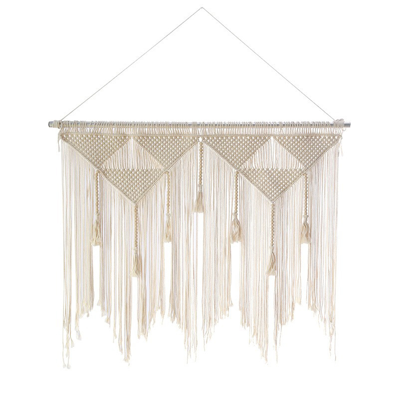 Triangular Macrame Wall Hanging Decor, Hand Knotted Cotton Tapestry with Wooden Beads and Tassel Fringe,www.kongzeglobal.com,Triangular Macrame Wall Hanging Decor, Hand Knotted Cotton Tapestry with Wooden Beads and Tassel Fringe-www.kongzeglobal.com
