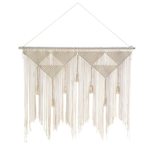 Triangular Macrame Wall Hanging Decor, Hand Knotted Cotton Tapestry with Wooden Beads and Tassel Fringe,www.kongzeglobal.com,Triangular Macrame Wall Hanging Decor, Hand Knotted Cotton Tapestry with Wooden Beads and Tassel Fringe-www.kongzeglobal.com