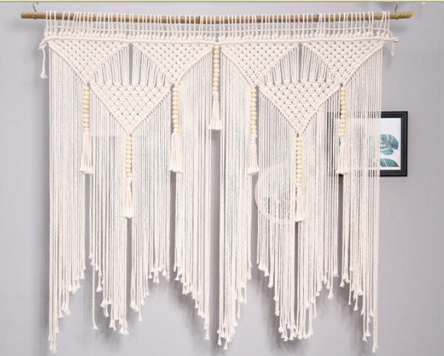 Triangular Macrame Wall Hanging Decor, Hand Knotted Cotton Tapestry with Wooden Beads and Tassel Fringe,www.kongzeglobal.com,Triangular Macrame Wall Hanging Decor, Hand Knotted Cotton Tapestry with Wooden Beads and Tassel Fringe-www.kongzeglobal.com