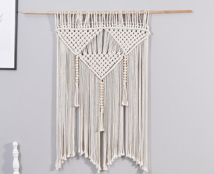 Triangular Macrame Wall Hanging Decor, Hand Knotted Cotton Tapestry with Wooden Beads and Tassel Fringe,www.kongzeglobal.com,Triangular Macrame Wall Hanging Decor, Hand Knotted Cotton Tapestry with Wooden Beads and Tassel Fringe-www.kongzeglobal.com