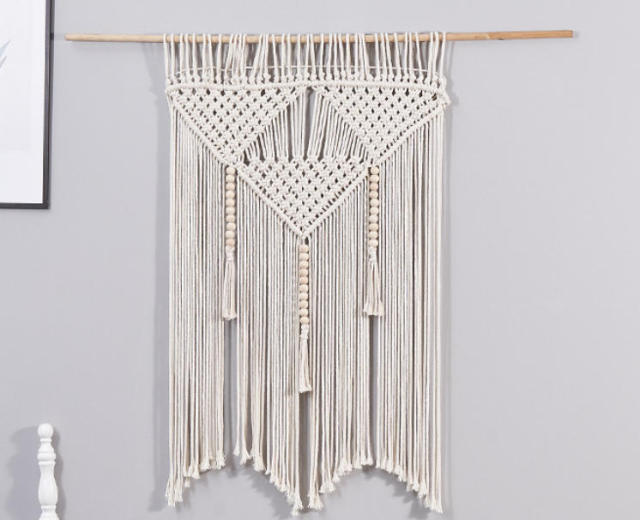 Triangular Macrame Wall Hanging Decor, Hand Knotted Cotton Tapestry with Wooden Beads and Tassel Fringe,www.kongzeglobal.com,Triangular Macrame Wall Hanging Decor, Hand Knotted Cotton Tapestry with Wooden Beads and Tassel Fringe-www.kongzeglobal.com