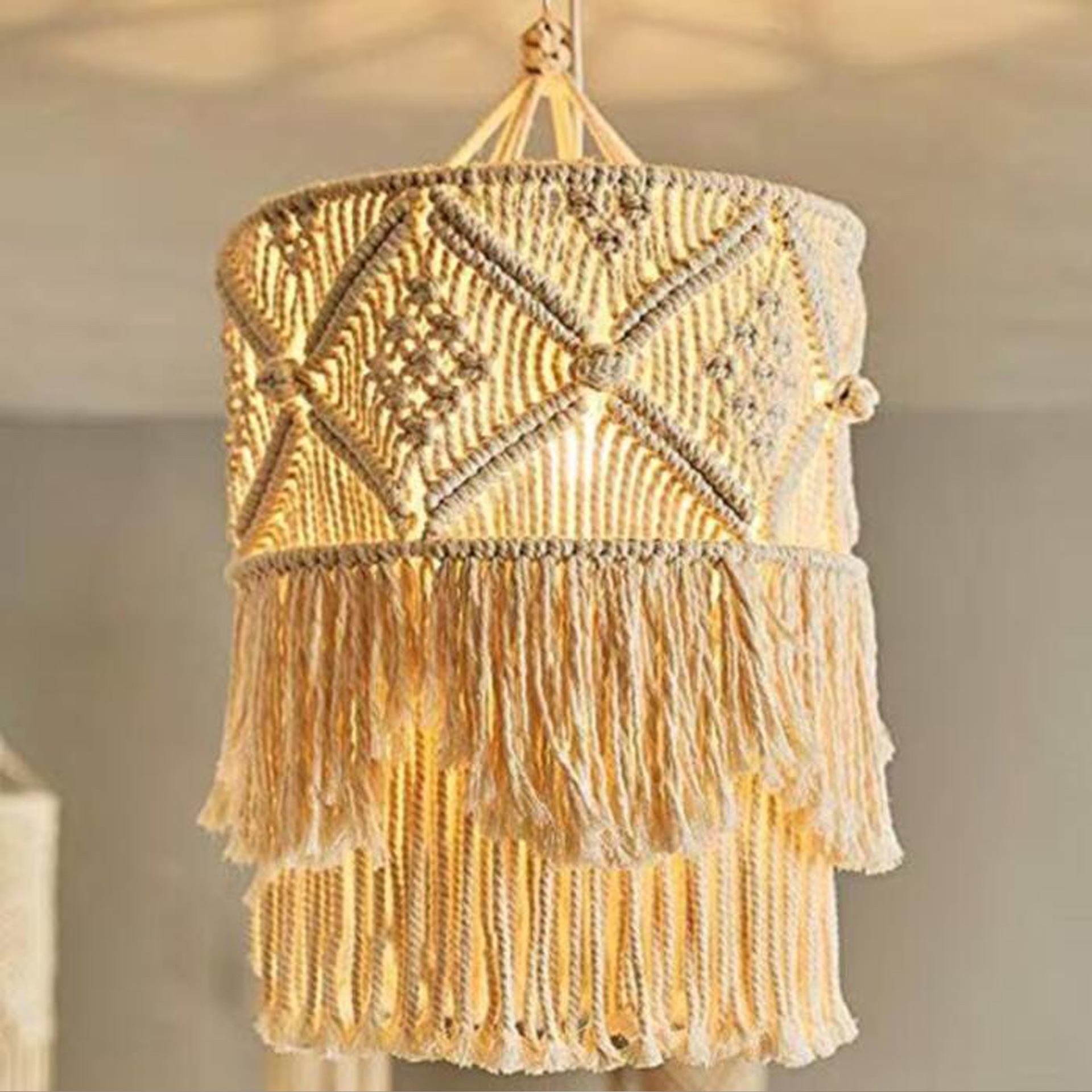 Hand Knotted Macrame Lamp Shade, Cylindrical Cotton Woven Pendant Light Cover with Double-Layer Tassels,www.kongzeglobal.com,Hand Knotted Macrame Lamp Shade, Cylindrical Cotton Woven Pendant Light Cover with Double-Layer Tassels-www.kongzeglobal.com