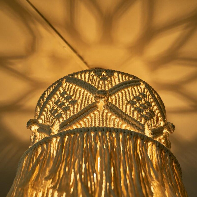 Hand Knotted Macrame Lamp Shade, Cylindrical Cotton Woven Pendant Light Cover with Double-Layer Tassels,www.kongzeglobal.com,Hand Knotted Macrame Lamp Shade, Cylindrical Cotton Woven Pendant Light Cover with Double-Layer Tassels-www.kongzeglobal.com