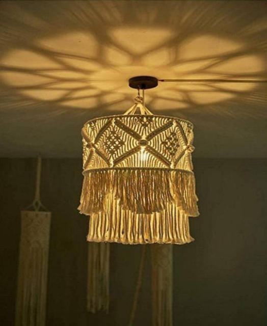 Hand Knotted Macrame Lamp Shade, Cylindrical Cotton Woven Pendant Light Cover with Double-Layer Tassels,www.kongzeglobal.com,Hand Knotted Macrame Lamp Shade, Cylindrical Cotton Woven Pendant Light Cover with Double-Layer Tassels-www.kongzeglobal.com