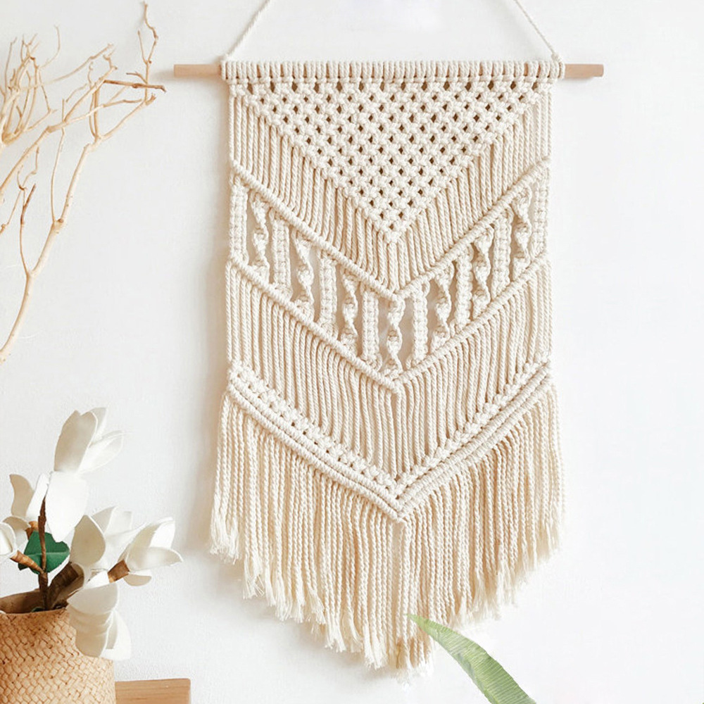 Four-Petal Floral Macrame Wall Hanging, Natural Cotton Hand Knotted Tapestry with Pointed Tassel Fringe,www.kongzeglobal.com,Four-Petal Floral Macrame Wall Hanging, Natural Cotton Hand Knotted Tapestry with Pointed Tassel Fringe-www.kongzeglobal.com