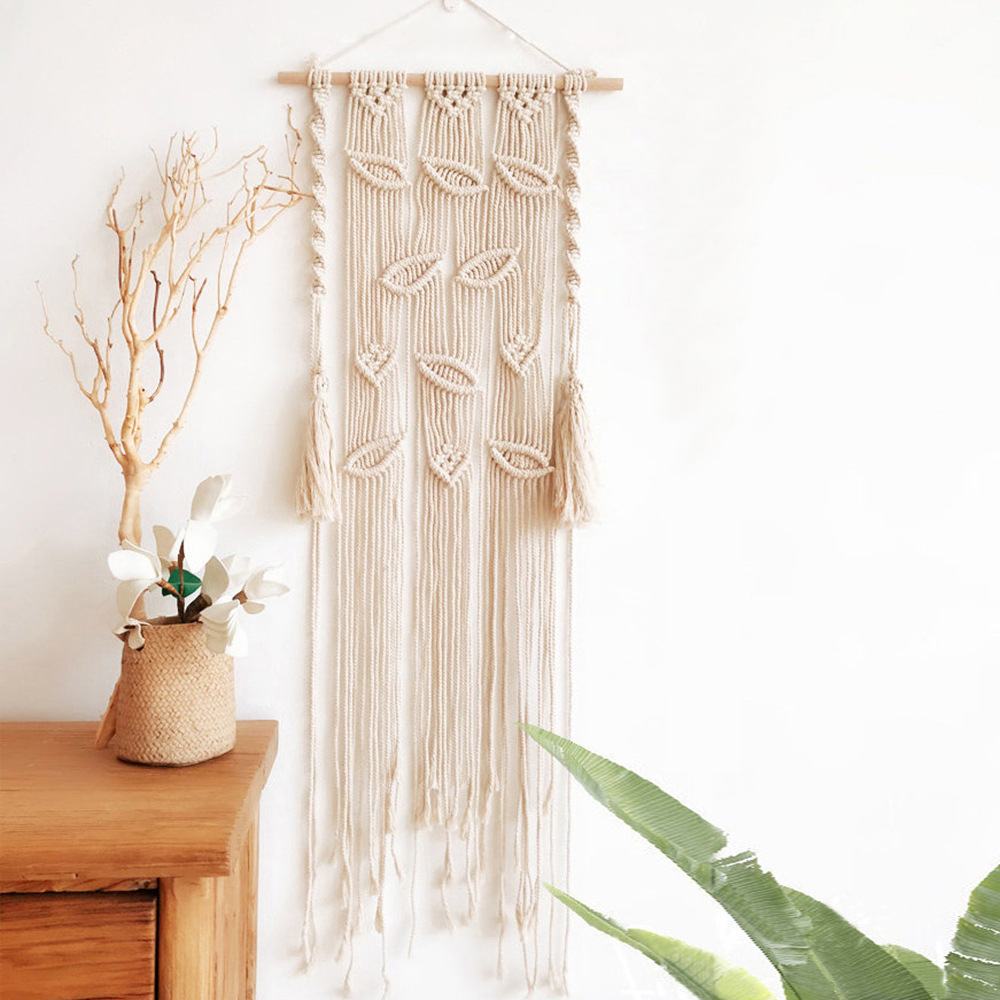 Four-Petal Floral Macrame Wall Hanging, Natural Cotton Hand Knotted Tapestry with Pointed Tassel Fringe,www.kongzeglobal.com,Four-Petal Floral Macrame Wall Hanging, Natural Cotton Hand Knotted Tapestry with Pointed Tassel Fringe-www.kongzeglobal.com