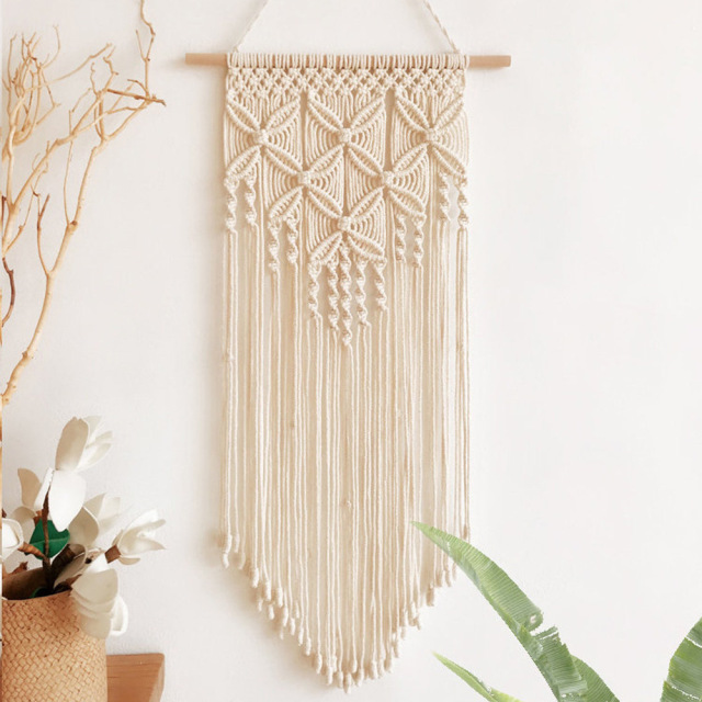 Four-Petal Floral Macrame Wall Hanging, Natural Cotton Hand Knotted Tapestry with Pointed Tassel Fringe,www.kongzeglobal.com,Four-Petal Floral Macrame Wall Hanging, Natural Cotton Hand Knotted Tapestry with Pointed Tassel Fringe-www.kongzeglobal.com