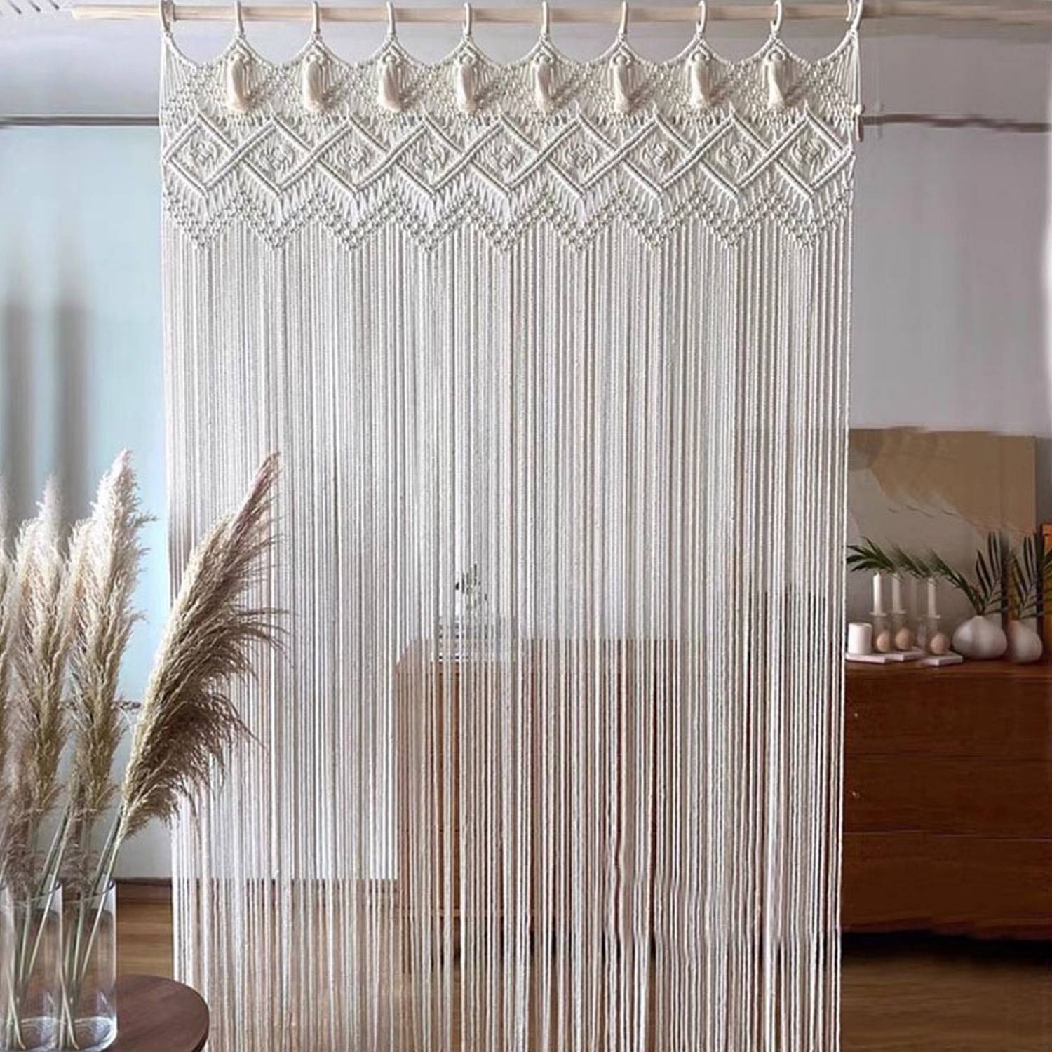 Macrame Cotton Room Divider Curtain, Hand Knotted Diamond Pattern Doorway Drape with Tassel Trim,www.kongzeglobal.com,Macrame Cotton Room Divider Curtain, Hand Knotted Diamond Pattern Doorway Drape with Tassel Trim-www.kongzeglobal.com