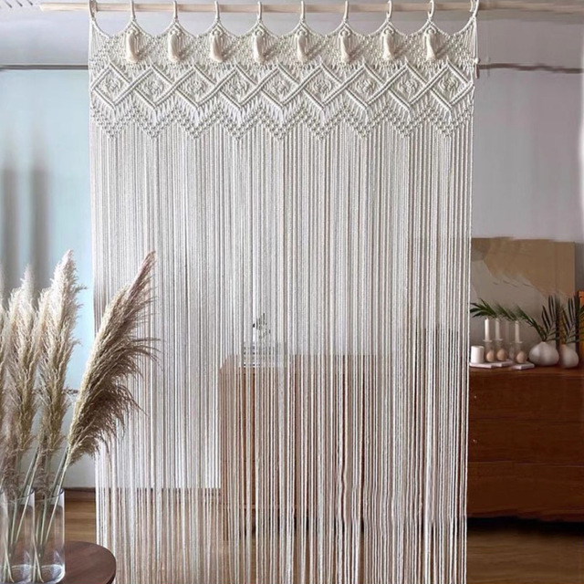 Macrame Cotton Room Divider Curtain, Hand Knotted Diamond Pattern Doorway Drape with Tassel Trim,www.kongzeglobal.com,Macrame Cotton Room Divider Curtain, Hand Knotted Diamond Pattern Doorway Drape with Tassel Trim-www.kongzeglobal.com