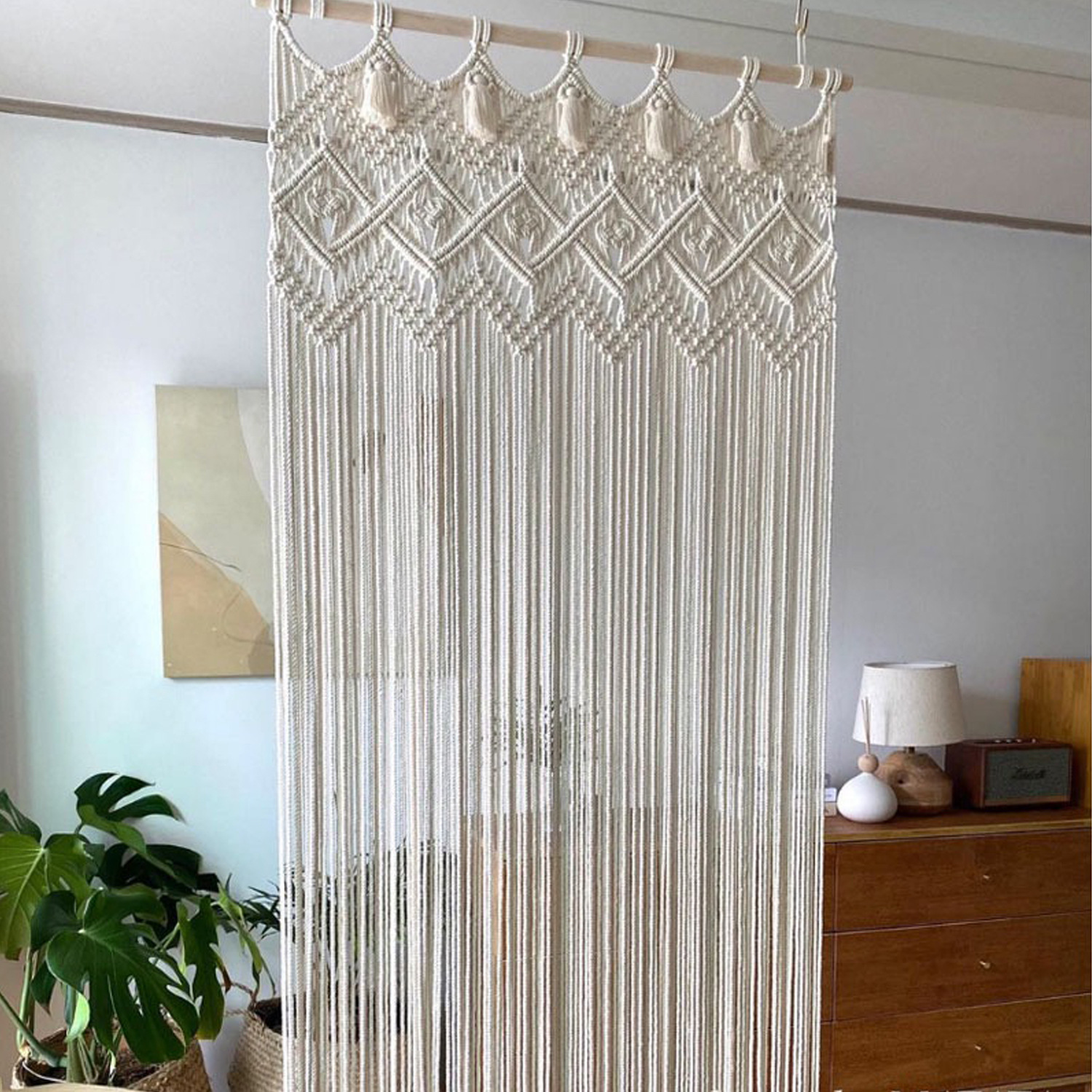 Macrame Cotton Room Divider Curtain, Hand Knotted Diamond Pattern Doorway Drape with Tassel Trim,www.kongzeglobal.com,Macrame Cotton Room Divider Curtain, Hand Knotted Diamond Pattern Doorway Drape with Tassel Trim-www.kongzeglobal.com