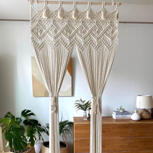 Macrame Cotton Room Divider Curtain, Hand Knotted Diamond Pattern Doorway Drape with Tassel Trim,www.kongzeglobal.com,Macrame Cotton Room Divider Curtain, Hand Knotted Diamond Pattern Doorway Drape with Tassel Trim-www.kongzeglobal.com