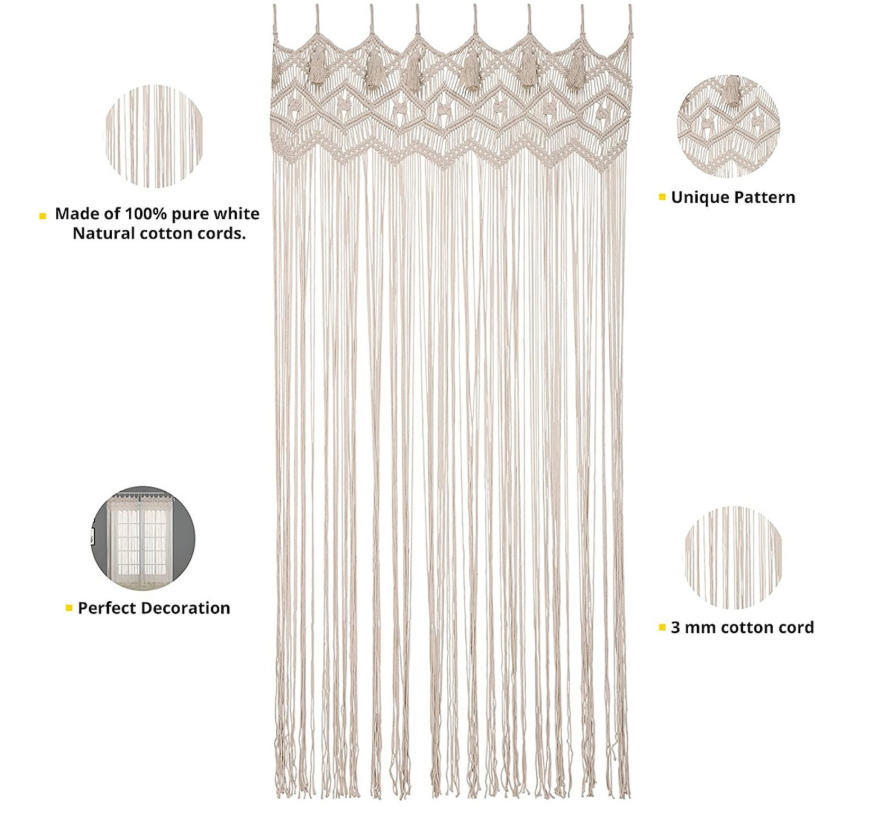 Macrame Cotton Room Divider Curtain, Hand Knotted Diamond Pattern Doorway Drape with Tassel Trim,www.kongzeglobal.com,Macrame Cotton Room Divider Curtain, Hand Knotted Diamond Pattern Doorway Drape with Tassel Trim-www.kongzeglobal.com