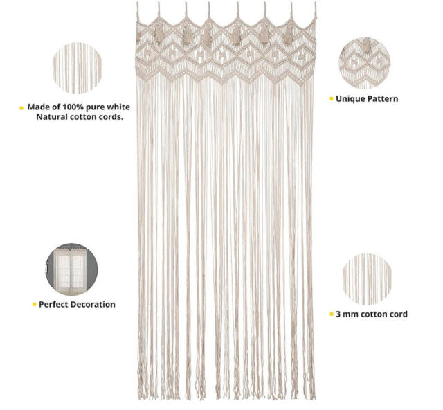 Macrame Cotton Room Divider Curtain, Hand Knotted Diamond Pattern Doorway Drape with Tassel Trim,www.kongzeglobal.com,Macrame Cotton Room Divider Curtain, Hand Knotted Diamond Pattern Doorway Drape with Tassel Trim-www.kongzeglobal.com