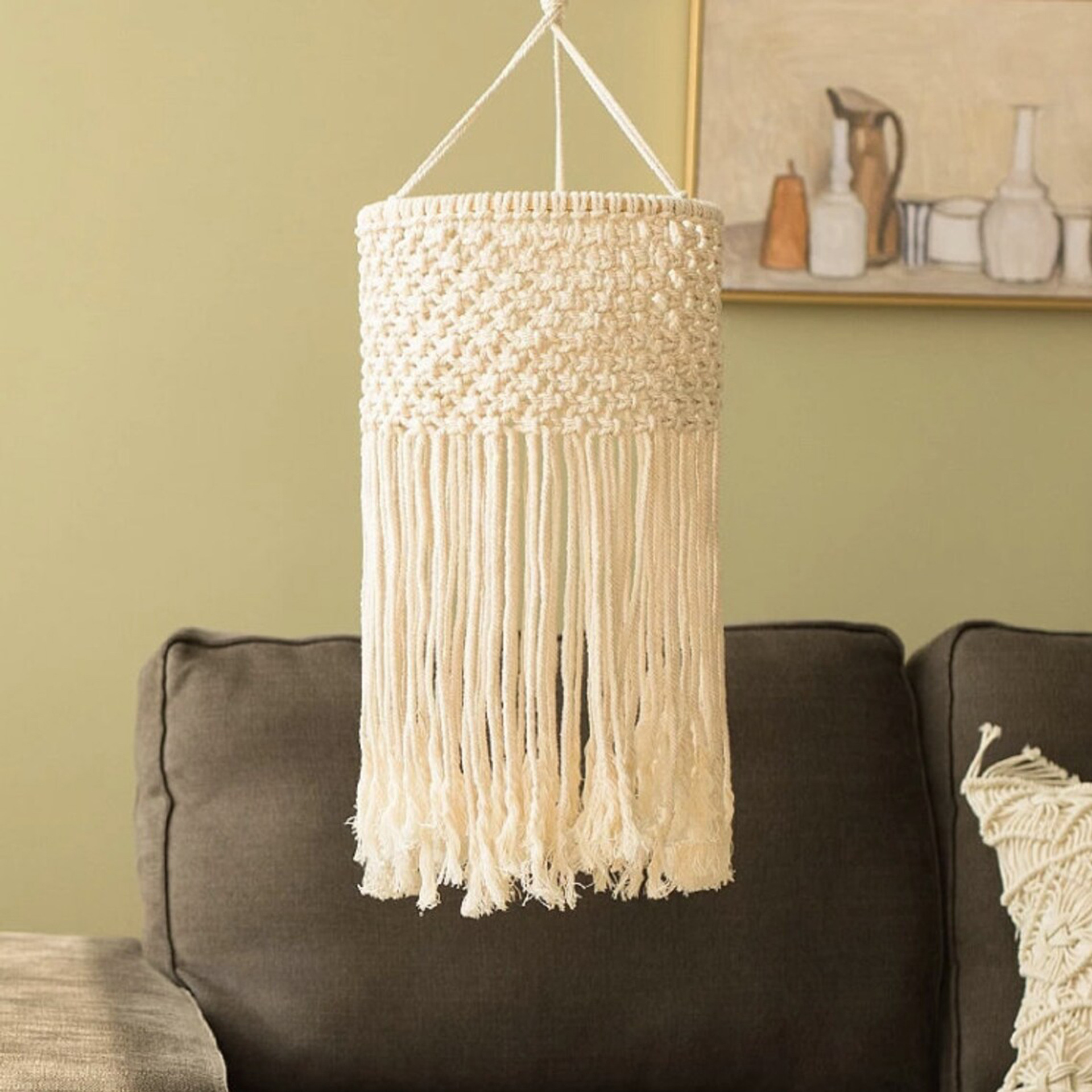 Diamond Macrame Cotton Lamp Shade, Hand Knotted Cylindrical Pendant Light Cover with Long Tassels,www.kongzeglobal.com,Diamond Macrame Cotton Lamp Shade, Hand Knotted Cylindrical Pendant Light Cover with Long Tassels-www.kongzeglobal.com