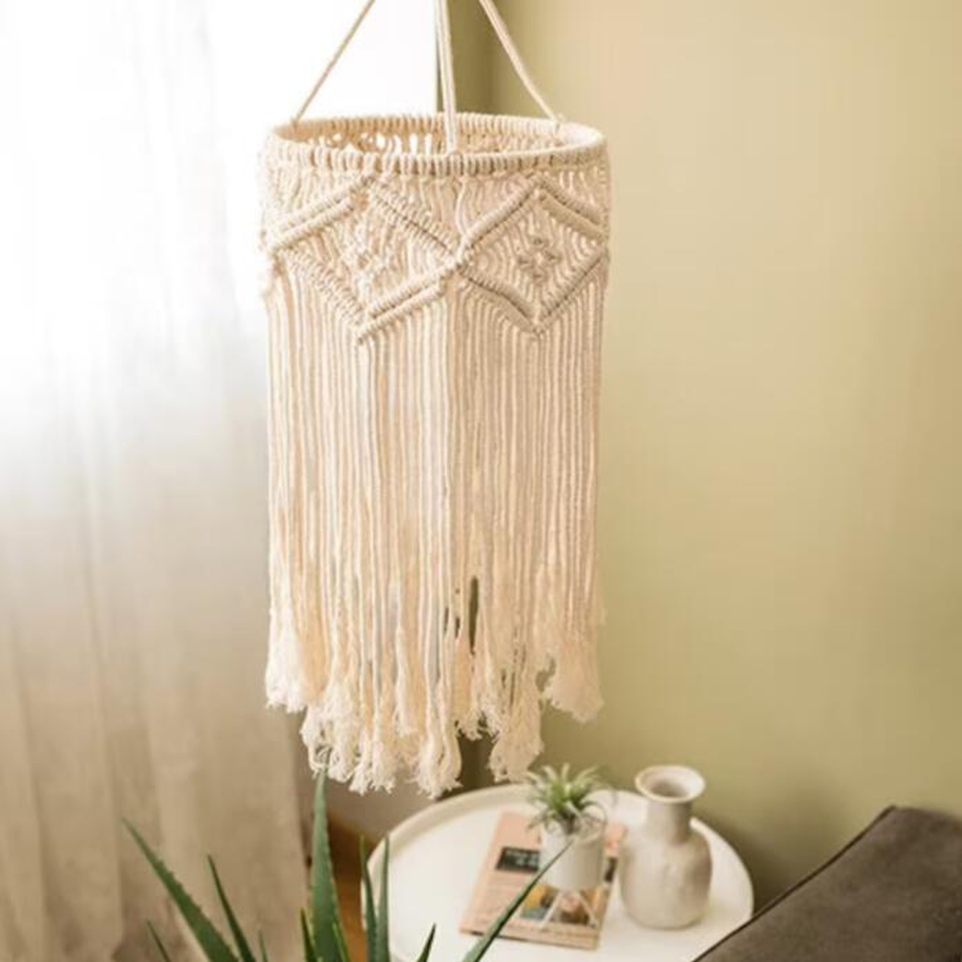 Diamond Macrame Cotton Lamp Shade, Hand Knotted Cylindrical Pendant Light Cover with Long Tassels,www.kongzeglobal.com,Diamond Macrame Cotton Lamp Shade, Hand Knotted Cylindrical Pendant Light Cover with Long Tassels-www.kongzeglobal.com