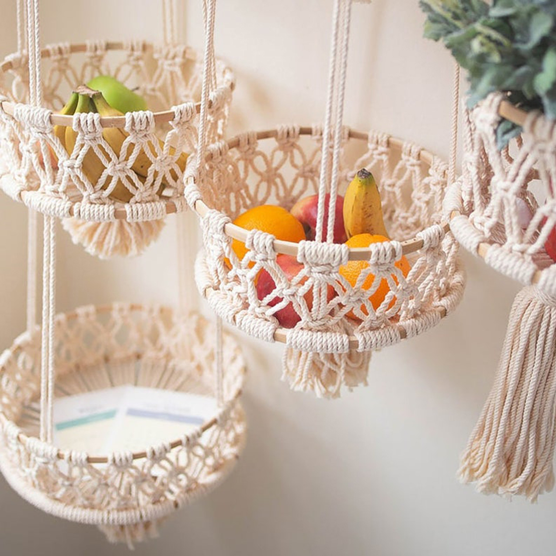 Macrame Cotton Hanging Storage Basket, Multi-Tier Hand Knotted Fruit & Plant Wall Hanging Holder,www.kongzeglobal.com,Macrame Cotton Hanging Storage Basket, Multi-Tier Hand Knotted Fruit & Plant Wall Hanging Holder-www.kongzeglobal.com