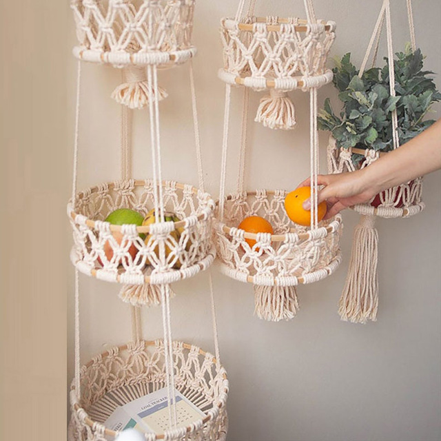 Macrame Cotton Hanging Storage Basket, Multi-Tier Hand Knotted Fruit & Plant Wall Hanging Holder,www.kongzeglobal.com,Macrame Cotton Hanging Storage Basket, Multi-Tier Hand Knotted Fruit & Plant Wall Hanging Holder-www.kongzeglobal.com