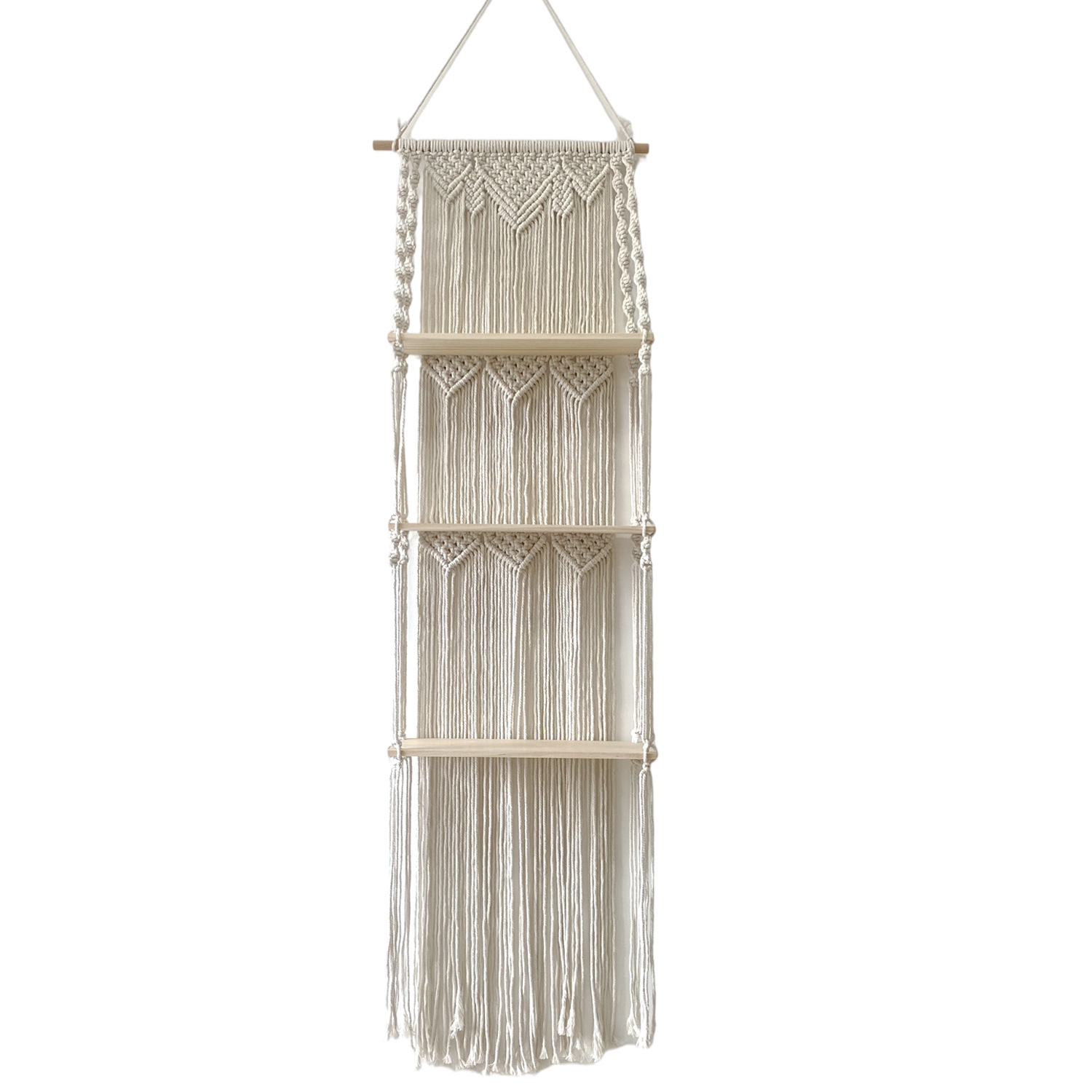 Three-Tier Macrame Wall Shelf, Hand Knotted Cotton Tapestry Hanging Display Rack with Solid Wood Boards,www.kongzeglobal.com,Three-Tier Macrame Wall Shelf, Hand Knotted Cotton Tapestry Hanging Display Rack with Solid Wood Boards-www.kongzeglobal.com