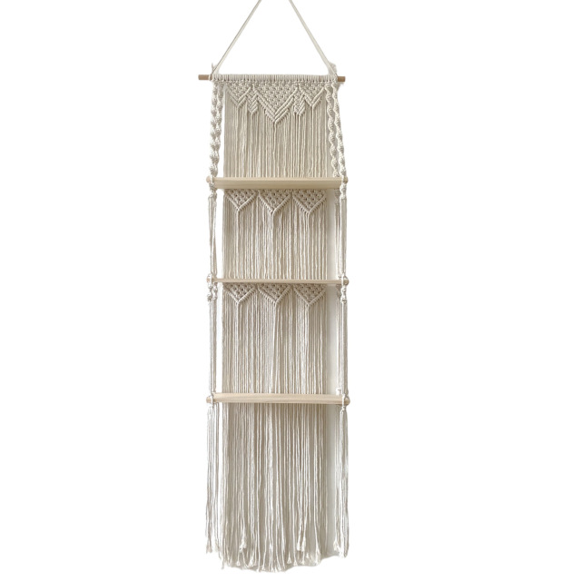 Three-Tier Macrame Wall Shelf, Hand Knotted Cotton Tapestry Hanging Display Rack with Solid Wood Boards,www.kongzeglobal.com,Three-Tier Macrame Wall Shelf, Hand Knotted Cotton Tapestry Hanging Display Rack with Solid Wood Boards-www.kongzeglobal.com