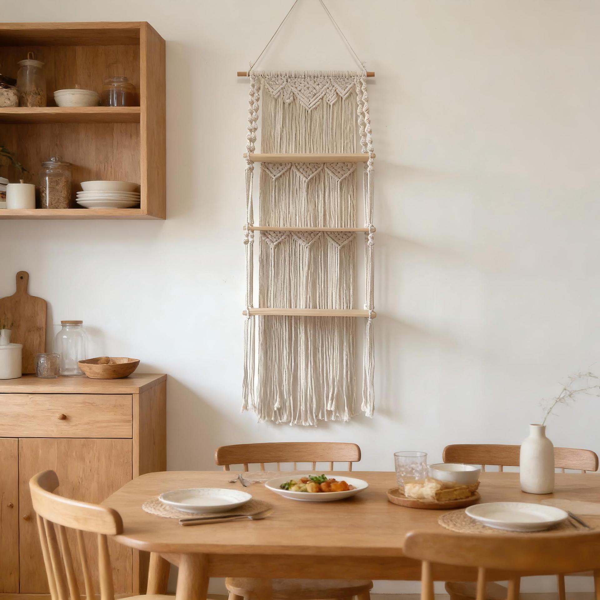 Three-Tier Macrame Wall Shelf, Hand Knotted Cotton Tapestry Hanging Display Rack with Solid Wood Boards,www.kongzeglobal.com,Three-Tier Macrame Wall Shelf, Hand Knotted Cotton Tapestry Hanging Display Rack with Solid Wood Boards-www.kongzeglobal.com