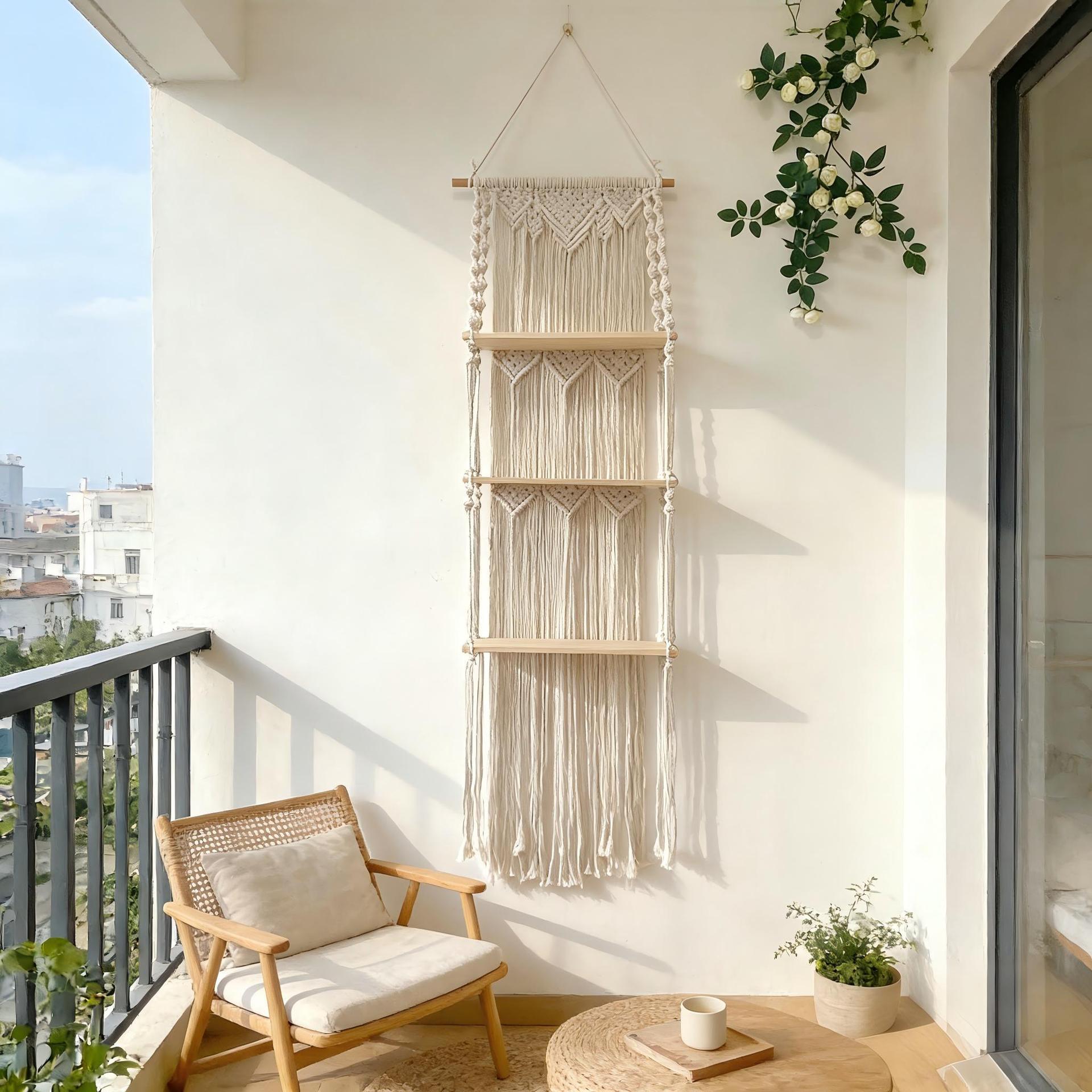 Three-Tier Macrame Wall Shelf, Hand Knotted Cotton Tapestry Hanging Display Rack with Solid Wood Boards,www.kongzeglobal.com,Three-Tier Macrame Wall Shelf, Hand Knotted Cotton Tapestry Hanging Display Rack with Solid Wood Boards-www.kongzeglobal.com