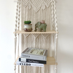 Three-Tier Macrame Wall Shelf, Hand Knotted Cotton Tapestry Hanging Display Rack with Solid Wood Boards,www.kongzeglobal.com,Three-Tier Macrame Wall Shelf, Hand Knotted Cotton Tapestry Hanging Display Rack with Solid Wood Boards-www.kongzeglobal.com