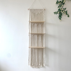 Three-Tier Macrame Wall Shelf, Hand Knotted Cotton Tapestry Hanging Display Rack with Solid Wood Boards,www.kongzeglobal.com,Three-Tier Macrame Wall Shelf, Hand Knotted Cotton Tapestry Hanging Display Rack with Solid Wood Boards-www.kongzeglobal.com