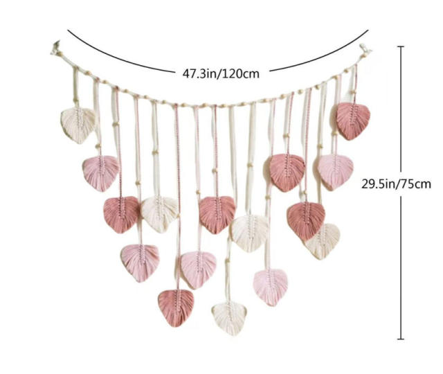 Hand Knotted Leaf Macrame Photo Wall Hanging, Cotton Feather Tapestry with Wooden Beads and Photo Clips,www.kongzeglobal.com,Hand Knotted Leaf Macrame Photo Wall Hanging, Cotton Feather Tapestry with Wooden Beads and Photo Clips-www.kongzeglobal.com