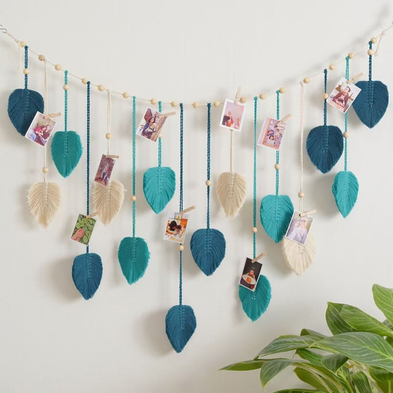 Hand Knotted Leaf Macrame Photo Wall Hanging, Cotton Feather Tapestry with Wooden Beads and Photo Clips,www.kongzeglobal.com,Hand Knotted Leaf Macrame Photo Wall Hanging, Cotton Feather Tapestry with Wooden Beads and Photo Clips-www.kongzeglobal.com