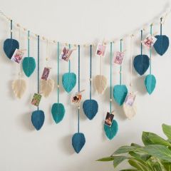 Hand Knotted Leaf Macrame Photo Wall Hanging, Cotton Feather Tapestry with Wooden Beads and Photo Clips,www.kongzeglobal.com,Hand Knotted Leaf Macrame Photo Wall Hanging, Cotton Feather Tapestry with Wooden Beads and Photo Clips-www.kongzeglobal.com