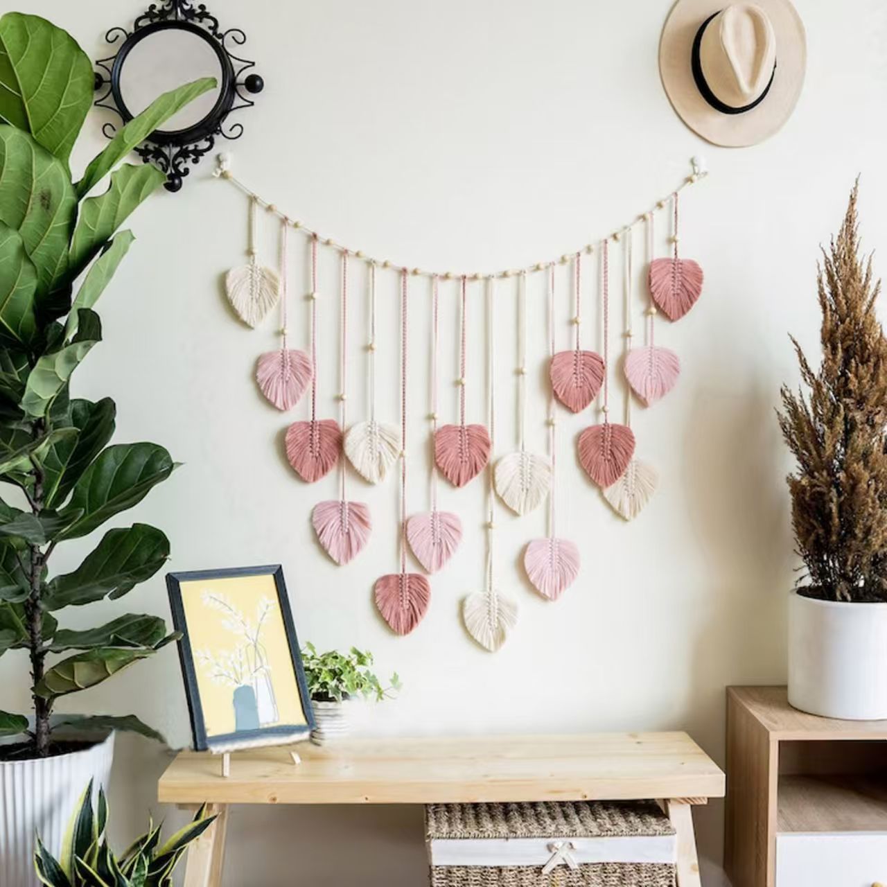 Hand Knotted Leaf Macrame Photo Wall Hanging, Cotton Feather Tapestry with Wooden Beads and Photo Clips,www.kongzeglobal.com,Hand Knotted Leaf Macrame Photo Wall Hanging, Cotton Feather Tapestry with Wooden Beads and Photo Clips-www.kongzeglobal.com