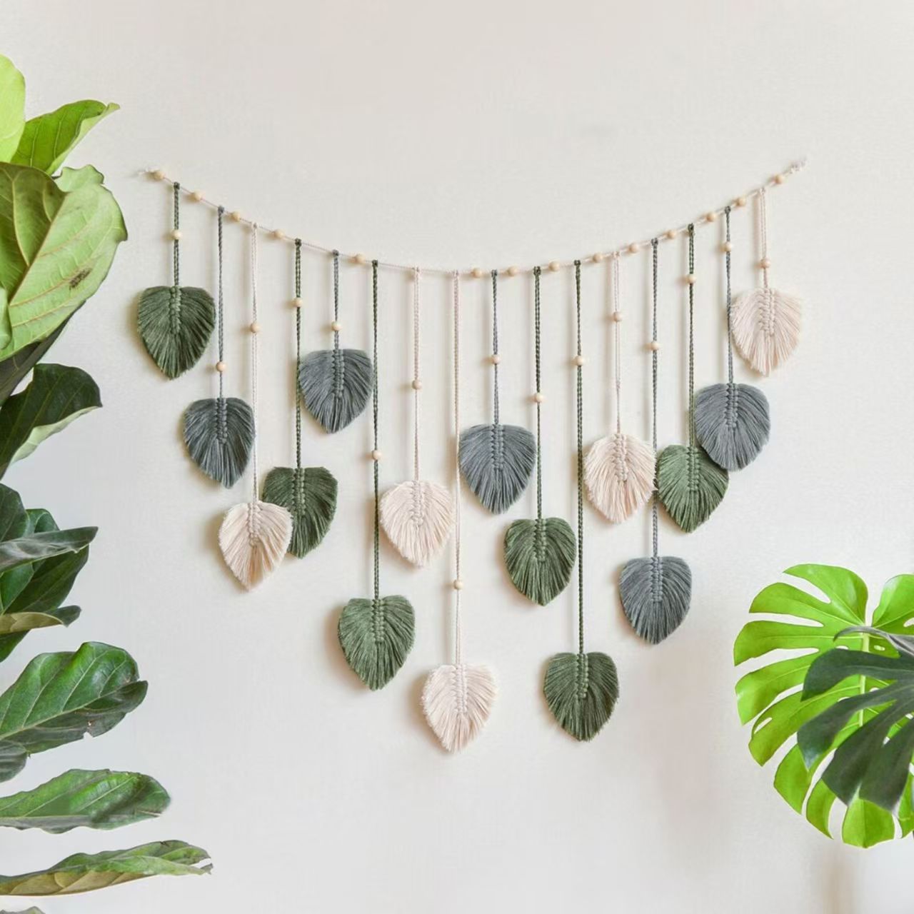 Hand Knotted Leaf Macrame Photo Wall Hanging, Cotton Feather Tapestry with Wooden Beads and Photo Clips,www.kongzeglobal.com,Hand Knotted Leaf Macrame Photo Wall Hanging, Cotton Feather Tapestry with Wooden Beads and Photo Clips-www.kongzeglobal.com