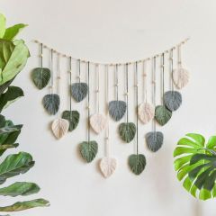 Hand Knotted Leaf Macrame Photo Wall Hanging, Cotton Feather Tapestry with Wooden Beads and Photo Clips,www.kongzeglobal.com,Hand Knotted Leaf Macrame Photo Wall Hanging, Cotton Feather Tapestry with Wooden Beads and Photo Clips-www.kongzeglobal.com