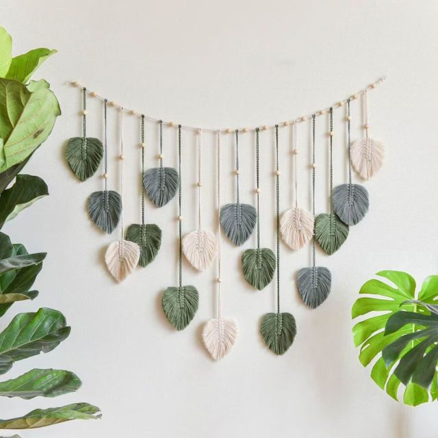 Hand Knotted Leaf Macrame Photo Wall Hanging, Cotton Feather Tapestry with Wooden Beads and Photo Clips,www.kongzeglobal.com,Hand Knotted Leaf Macrame Photo Wall Hanging, Cotton Feather Tapestry with Wooden Beads and Photo Clips-www.kongzeglobal.com