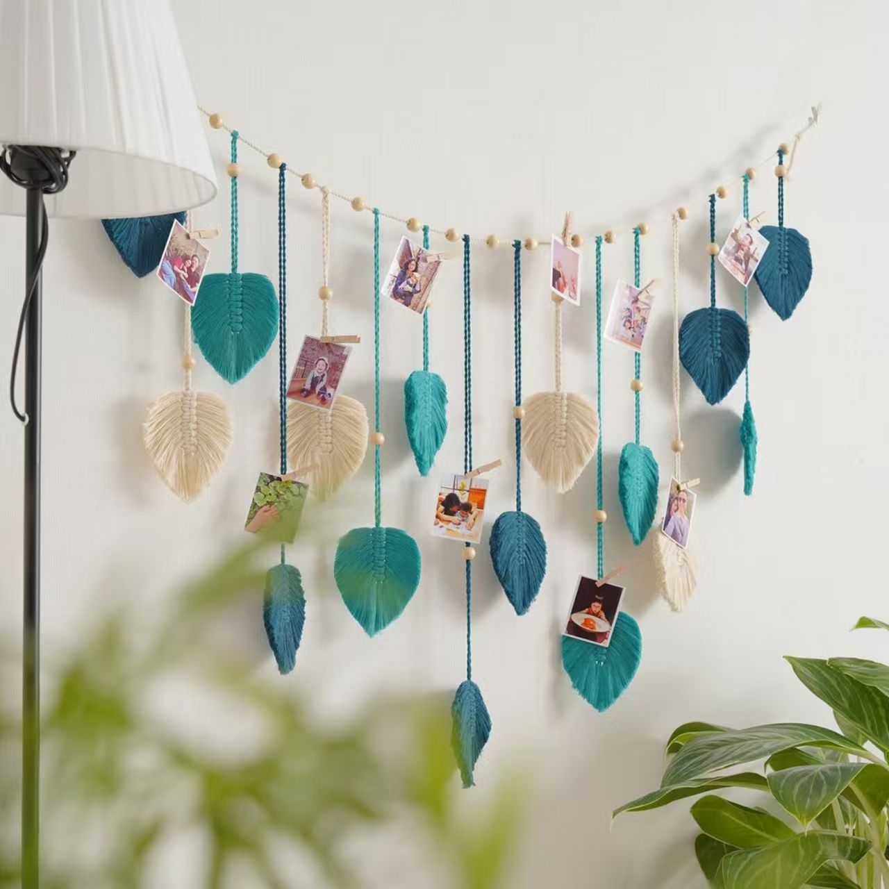 Hand Knotted Leaf Macrame Photo Wall Hanging, Cotton Feather Tapestry with Wooden Beads and Photo Clips,www.kongzeglobal.com,Hand Knotted Leaf Macrame Photo Wall Hanging, Cotton Feather Tapestry with Wooden Beads and Photo Clips-www.kongzeglobal.com