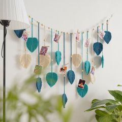 Hand Knotted Leaf Macrame Photo Wall Hanging, Cotton Feather Tapestry with Wooden Beads and Photo Clips,www.kongzeglobal.com,Hand Knotted Leaf Macrame Photo Wall Hanging, Cotton Feather Tapestry with Wooden Beads and Photo Clips-www.kongzeglobal.com
