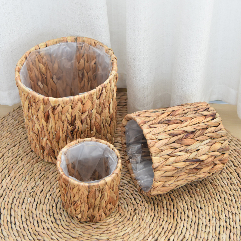 Natural Water Hyacinth Woven Plant Pot, Cylindrical Handwoven Flower Basket with Waterproof Liner for Balcony Indoor Greenery Decor Storage,www.kongzeglobal.com,Natural Water Hyacinth Woven Plant Pot, Cylindrical Handwoven Flower Basket with Waterproof Liner for Balcony Indoor Greenery Decor Storage-www.kongzeglobal.com