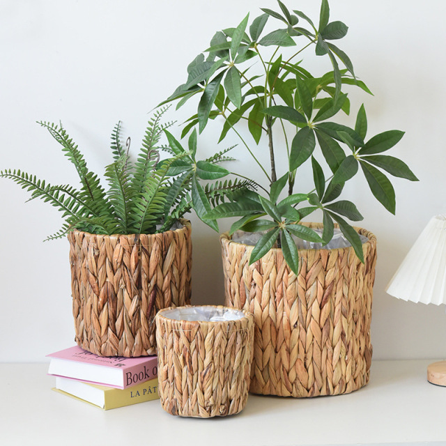 Natural Water Hyacinth Woven Plant Pot, Cylindrical Handwoven Flower Basket with Waterproof Liner for Balcony Indoor Greenery Decor Storage,www.kongzeglobal.com,Natural Water Hyacinth Woven Plant Pot, Cylindrical Handwoven Flower Basket with Waterproof Liner for Balcony Indoor Greenery Decor Storage-www.kongzeglobal.com