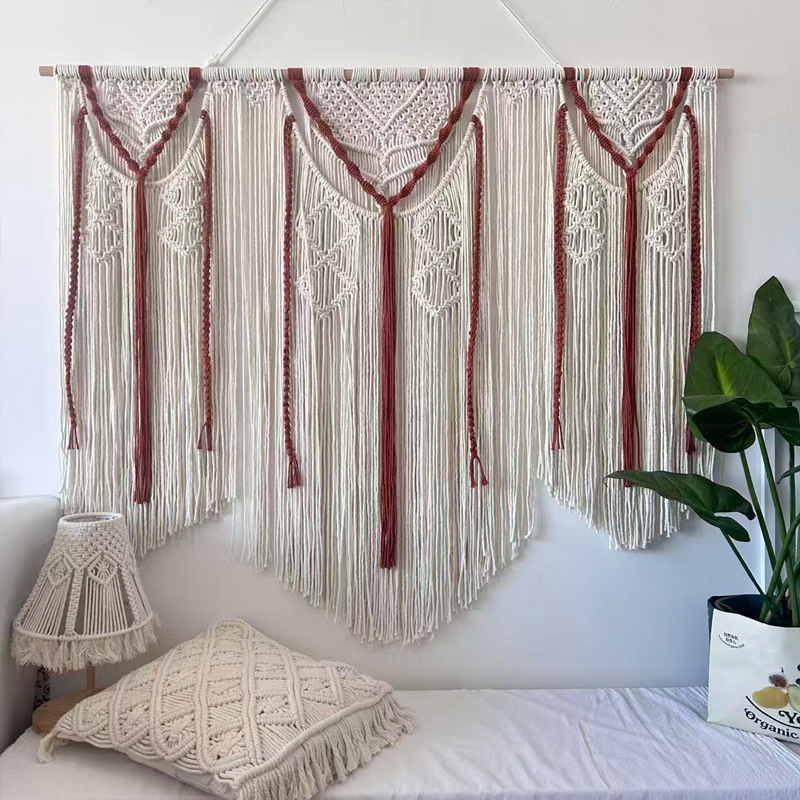 Two-Tone Macrame Wall Curtain, Hand Knotted Hollow Cotton Room Divider Tapestry with Long Tassel Fringe,www.kongzeglobal.com,Two-Tone Macrame Wall Curtain, Hand Knotted Hollow Cotton Room Divider Tapestry with Long Tassel Fringe-www.kongzeglobal.com
